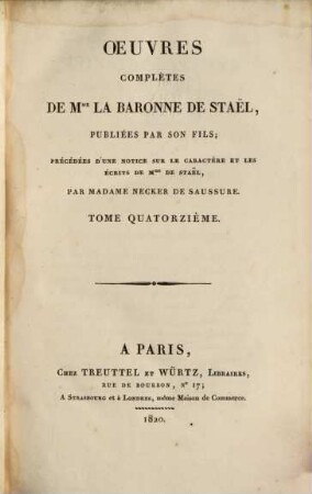 Oeuvres complètes de Mme. la baronne de Staël. 14. [Teil 3]