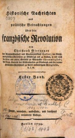 Historische Nachrichten und politische Betrachtungen über die französische Revolution, 1