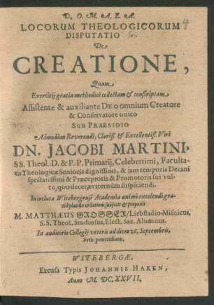 Locorum Theologicorum Disputatio X. De Creatione