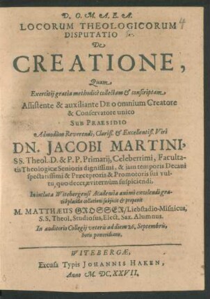 Locorum Theologicorum Disputatio X. De Creatione
