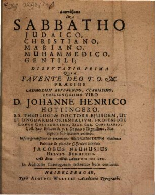 Diaskepseōs de Sabbatho Iudaico, Christiano, Mariano, Muhammedico, gentili disputatio prima