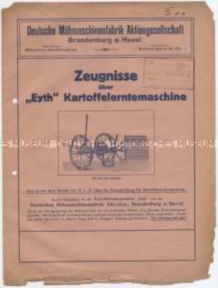 Zeugnisse über "Eyth" Kartoffelerntemaschine