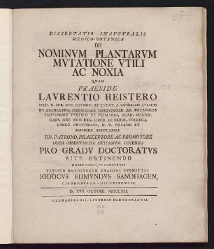 Dissertatio Inavgvralis Medico-Botanica De Nominvm Plantarvm Mvtatione Vtili Ac Noxia