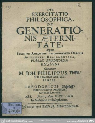 Exercitatio de aeternitate generationis