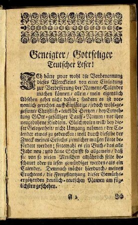 Geneigter Leser / Gottseliger Teutscher Leser!