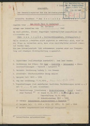 Großherzogliches Hoftheater, Darmstadt: Abschrift des Fragebogen für das Handbuch »Das Deutsche Theater«, vierseitiges Dokument