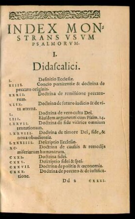 Index Monstrans Usum Psalmorum.