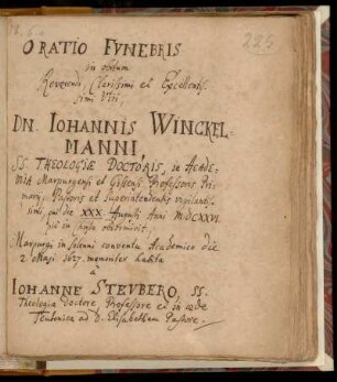 [Johannes Steuber:] Oratio Funebris in obitum ... Dn. Iohannis Winckelmanni, ...