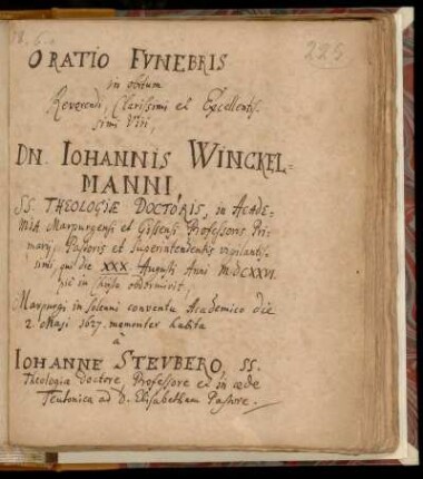 [Johannes Steuber:] Oratio Funebris in obitum ... Dn. Iohannis Winckelmanni, ...