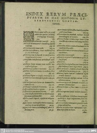 Index Rerum Praecipuarum In Hac Historia Luxemburgensi Contentarum