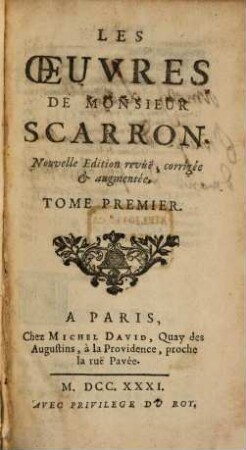 Les Oeuvres De Monsieur Scarron. 1