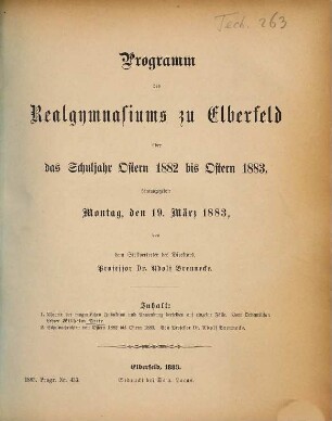 Programm des Realgymnasiums zu Elberfeld : über das Schuljahr Ostern ... bis Ostern ..., 1882/83