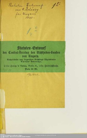 Statuten-Entwurf des Central-Vereins des Nichtjuden-Bundes von Ungarn