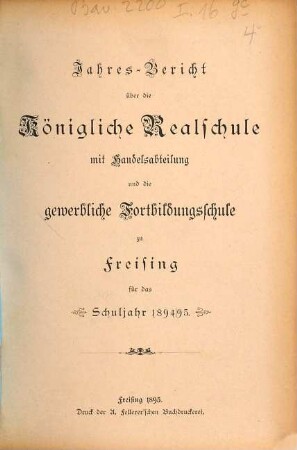 Jahres-Bericht über die Realschule mit Handelsabteilung zu Freising. 1894/95