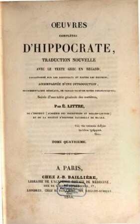 Oeuvres complètes d'Hippocrate : traduction nouvelle, avec le texte grec en regard, 4
