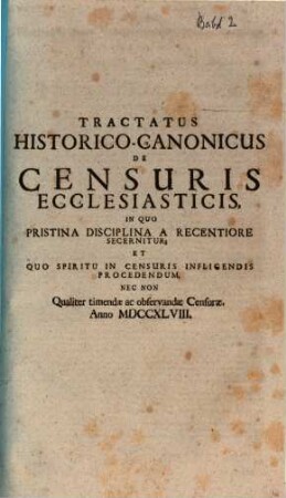 Tractatus historico-canonicus de censuris ecclesiasticis