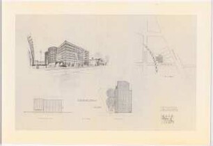 Großgarage Fasanenstraße, Berlin-Charlottenburg: Perspektivische Ansicht; Ansicht, Lageplan 1:2000, Grundriss 1:500