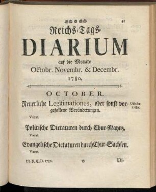 Reichs-Tags-Diarium auf die Monate Octobr. Novembr. & Decembr. 1780.