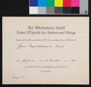 Einladung auf allerhöchsten Befehl seiner Majestät zum Abendessen an Bord der S.M. KAISER WILHELM II