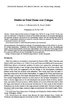 Studies on total ozone over Cologne