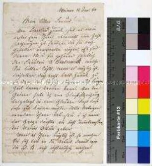 Brief des Malers Friedrich Preller an den Porträtmaler Wilhelm Kemlein in Dresden als Anlage zur Übersendung eigener Zeichnungen bzw. solcher von Fräulein O. Bonterwerk - offenbar zur Zusammenstellung eines gemeinsam geplanten Albums oder zum Verkauf