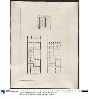 Sammlung architektonischer Entwürfe. Tafel 70 ( = Heft 10, Tafel 64, 1826): Wohnhausentwurf. Zwei Grundrisse und Schnitt