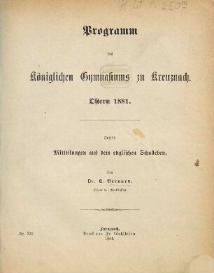 Programm des Königl. Gymnasiums zu Kreuznach : Ostern .... 1880/81
