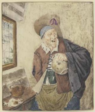 Zerlumpter Bauer bei einem Fenster, den Krug in der Hand