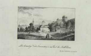 Ansicht von Pirna mit dem Sonnenstein, Lithographie, 1810 : Die ehemalige Veste Sonnenstein u. ein Theil der Stadt Pirna / n. Canalletto gestochen v. J. G. Henschke. - Dresden , [um 1810]. - 1 Kunstbl. : Kupferst. ; 14 x 8 cm