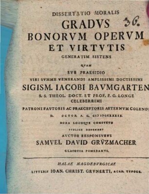Dissertatio Moralis Gradvs Bonorvm Opervm Et Virtvtis Generatim Sistens