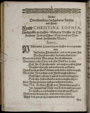 An die Durchleuchtig Hochgeborne Fürstin und Fraw/ Fraw Christina Sophia, Landgräfin zu Hessen/ Geborne Gräfin zu Ost-Frießland/ Frau zu Essens ...
