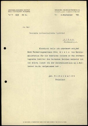 G. Rodenwaldt an DAI Athen
