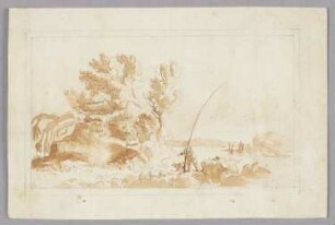 Landschaft mit Angler und Hund