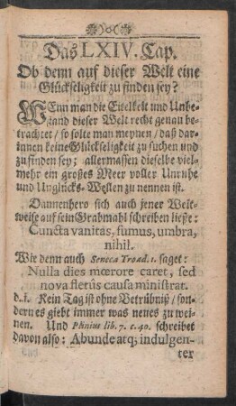 Das LXIV. Cap. Ob denn auf dieser Welt eine Glückseligkeit zu finden sey?