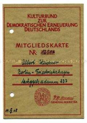 Mitgliedskarte des Kulturbundes zur demokratischen Erneuerung Deutschlands