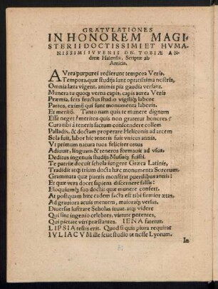 Gratulationes In Honorem Magisterii Doctissimi Et Humanissimi Iuvenis Dn. Tobiae Andreae Halensis ...