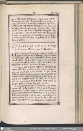 Du Passage De La Lune & des autres Planètes par le Méridien