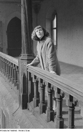 Renate Rössing posiert an einer Balustrade der Albrechtsburg