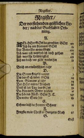 Register/ Der vorstehenden geistlichen Lieder/ nach der Buchstaben Ordnung.