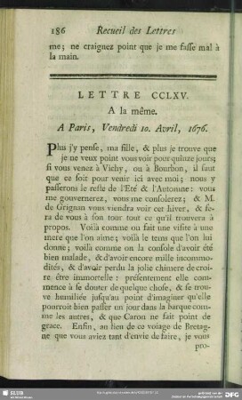 Lettre CCLXV. A la même. A Paris, Vendredi 10. Avril, 1676