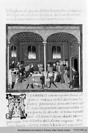 Plutarch: Vita Alexanders des Großen : Textseite mit ornamentaler Initiale (A) und Miniatur: Szene aus dem Leben Alexanders (Alexander und Kleitos?)
