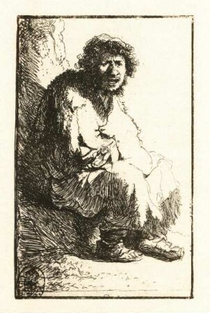 Auf Erdhügel sitzender Bettler : Auf Erdhügel sitzender Bettler. Radierung (vor 1669; Rembrandt). Dresden: Kupferstich-Kabinett