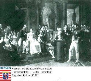 Baciocchi, Elisa geb. Bonaparte, Großherzogin v. Toskana (1777-1820) / Porträt in Stuhl sitzend, umringt vomn Hofstaat bei der Präsentation ihrer von Antonio Canova gefertigten Büste am Musenhof von Lucca / Ganzfigur