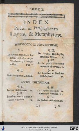 Index Partium ac Paragraphorum Logicae, et Metaphysicae.