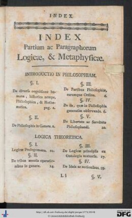 Index Partium ac Paragraphorum Logicae, et Metaphysicae.