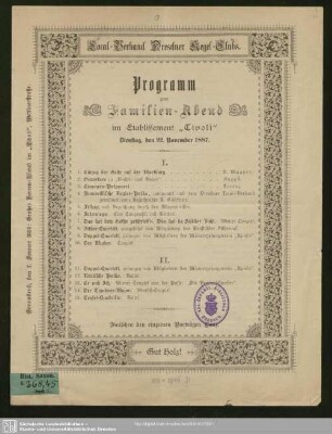 Programm zum Familien-Aband im Etablissement "Tivoli" Dienstag, den 22. November 1887