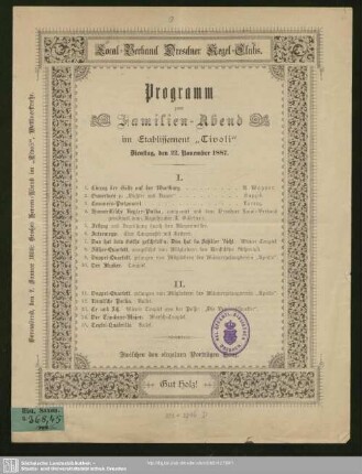 Programm zum Familien-Aband im Etablissement "Tivoli" Dienstag, den 22. November 1887