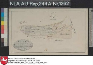 Lage der Ländereien am Heerweg von Dornum nach Aurich bei Terheide in der Nähe von WESTERHOLT Kolorierte Zeichnung von Braun Papier auf Leinen Format 41,3x24,8 M 1:6.500 (ca)