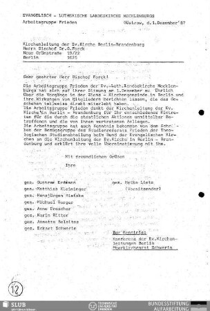 Brief an Bischof Forck : Sehr geehrter Herr Bischof Forck