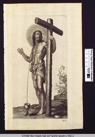 Der auferstandene Christus vor dem Kreuz; aus einer Wunde fließt Blut in einen Kelch.